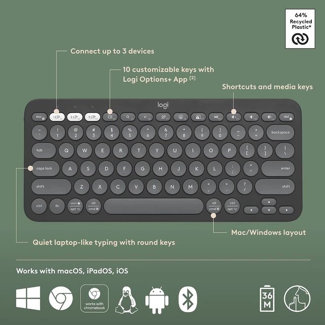 Alt view image 6 of 7 - Pebble Keys 2 K380s Wireless Bluetooth Keyboard - Tonal Graphite