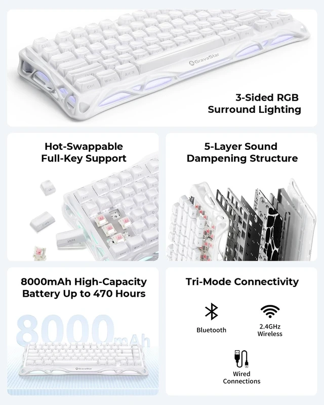 Alt view image 7 of 7 - GravaStar Mercury K1 75% Wireless Mechanical Gaming Keyboard RGB Backlit