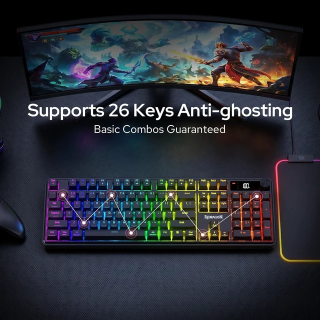 Alt view image 6 of 7 - Redragon K526 PRO Wireless RGB Membrane Gaming Keyboard Black