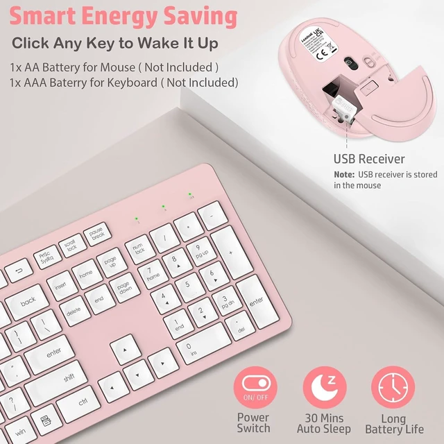Alt view image 6 of 7 - LeadsaiL Pink Wireless Keyboard and Mouse Combo, Full-Sized Ergonomic Computer Keyboard, 2.4GHz Cordless Keyboard Silent Mouse Set with 2-in-1 USB Receiver, 12 FN Shortcuts for Windows Laptop, PC/Mac