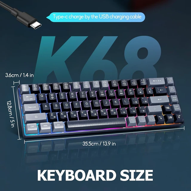 Alt view image 2 of 7 - Guiheng Wired Portable 60% Mechanical Feeling Gaming Keyboard,RGB LED Backlit Compact 68 Keys Mini Wired Office Keyboard for Windows Laptop PC Mac Gamer, Typist, Travel on Business Trip BlackGrey