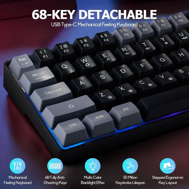 Alt view image 7 of 7 - Guiheng Wired Portable 60% Mechanical Feeling Gaming Keyboard,RGB LED Backlit Compact 68 Keys Mini Wired Office Keyboard for Windows Laptop PC Mac Gamer, Typist, Travel on Business Trip BlackGrey