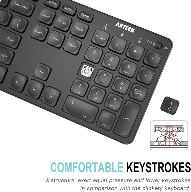 Alt view image 3 of 7 - Arteck 2.4G Wireless Keyboard Ultra Slim Full Size Keyboard with Numeric Keypad and Media Hotkey for Computer/Desktop/PC/Laptop/Surface/Smart TV and Windows 10/8/ 7 Built-in Rechargeable Battery