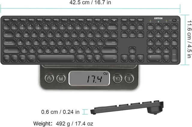 Alt view image 6 of 7 - Arteck 2.4G Wireless Keyboard Ultra Slim Full Size Keyboard with Numeric Keypad and Media Hotkey for Computer/Desktop/PC/Laptop/Surface/Smart TV and Windows 10/8/ 7 Built-in Rechargeable Battery