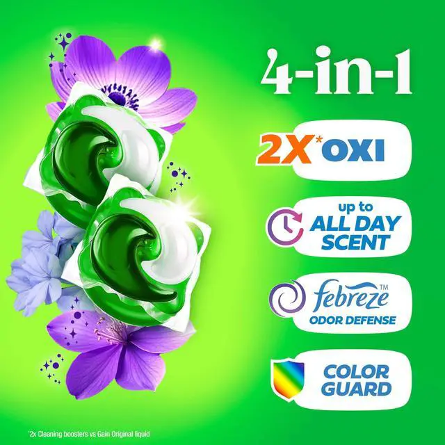 Alt view image 2 of 6 - Gain Flings Laundry Detergent Soap Pacs, 4-in-1 Oxi Boost and Febreze, Moonlight Breeze Scent, 31 Count