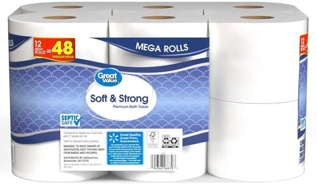 Alt view image 6 of 6 - Great Value Soft & Strong Toilet Paper, 12 Mega Rolls, 380 Sheets per Roll