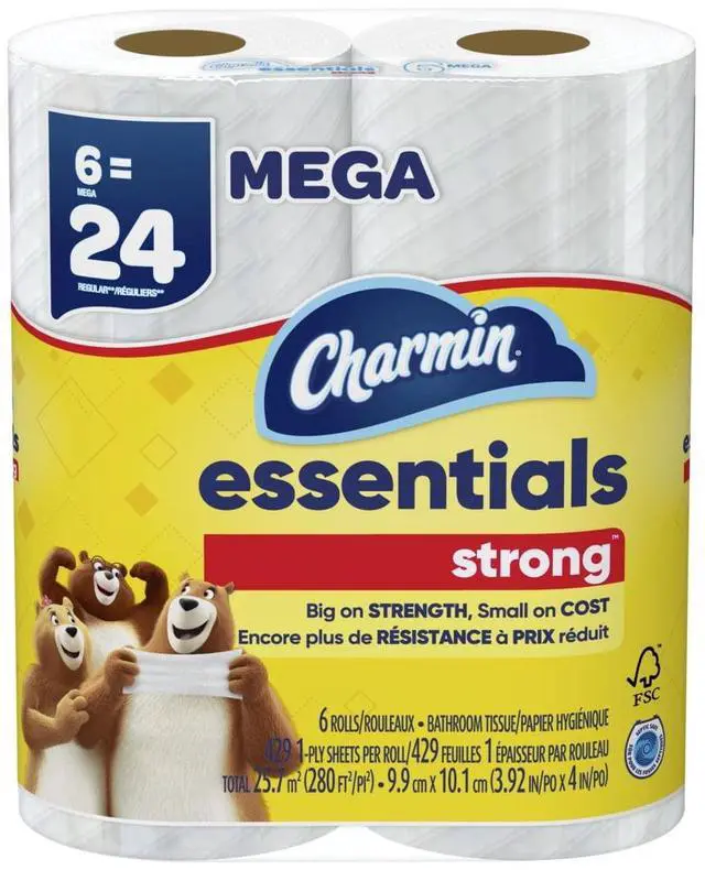 Alt view image 3 of 6 - Charmin Essentials Strong Toilet Paper 6 Mega Rolls, 429 Sheets Per Roll