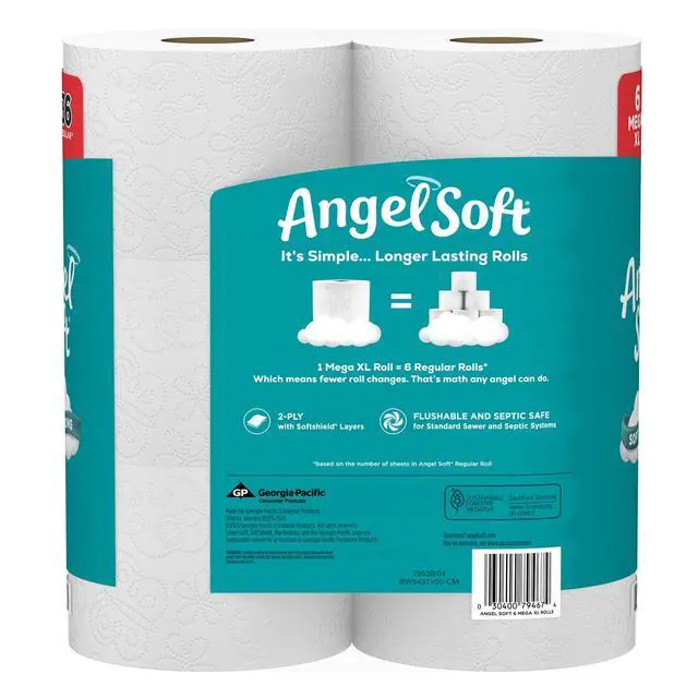 Alt view image 4 of 6 - Angel Soft 2-Ply Toilet Paper, 6 Mega XL Rolls, 480 Sheets Per Roll