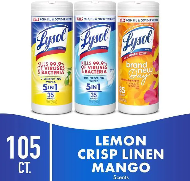 Alt view image 6 of 6 - Lysol Disinfecting Wipes, All Purpose Cleaner, Multi Surface Antibacterial Cleaning Wipes, Cleaning Supplies, Lemon + Mango & Hibiscus + Crisp Linen Scent, 35 Count Each (Pack of 3)