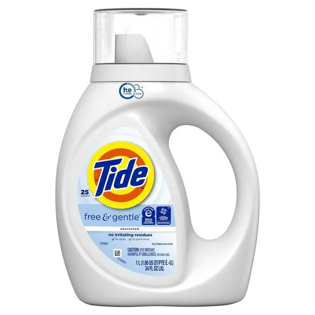 Alt view image 6 of 7 - Tide Free & Gentle Laundry Detergent Liquid for Sensitive Skin, Hypoallergenic, Unscented, 34 fl oz, 25 Loads