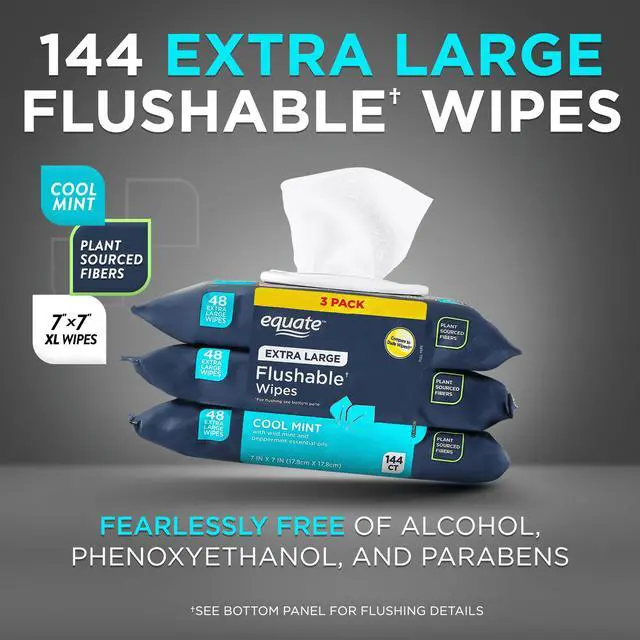 Alt view image 3 of 7 - Equate Extra Large Flushable Wet Wipes, Cool Mint Scent, 144 Wipes, 3 Pack
