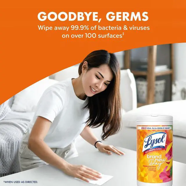 Alt view image 6 of 7 - Lysol Disinfecting Wipes, All Purpose Cleaner, Multi Surface Antibacterial Cleaning Wipes, Cleaning Supplies, Mango & Hibiscus Scent, 80 Count