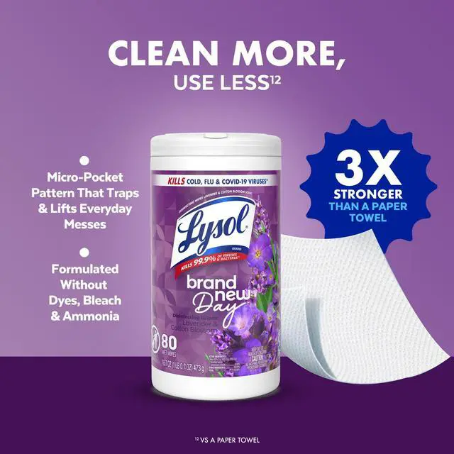 Alt view image 7 of 7 - Lysol Disinfecting Wipes, All Purpose Cleaner, Multi Surface Antibacterial Cleaning Wipes, Cleaning Supplies, Lavender & Cotton Blossom Scent, 80 Count
