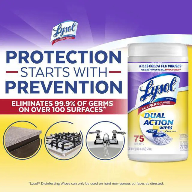 Alt view image 4 of 7 - Lysol Dual Action Disinfectant Wipes, Multi-Surface Antibacterial Scrubbing Wipes, For Disinfecting and Cleaning, Citrus Scent, 75 Count