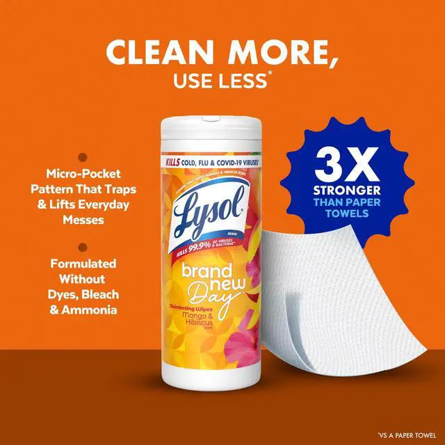 Alt view image 6 of 7 - Lysol Disinfecting Wipes, All Purpose Cleaner, Multi Surface Antibacterial Cleaning Wipes, Cleaning Supplies, Mango & Hibiscus Scent, 35 Count