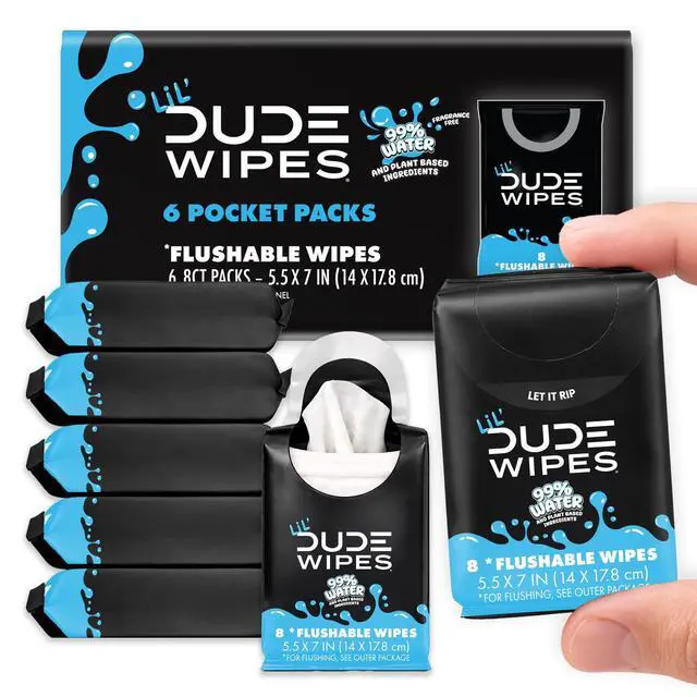 Alt view image 4 of 7 - LiL' DUDE Pocket Packs Flushable Wipes, Extra Large Fragrance Free Wet Wipes, 8 Count, 6 Pack