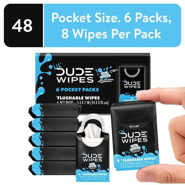 Alt view image 6 of 7 - LiL' DUDE Pocket Packs Flushable Wipes, Extra Large Fragrance Free Wet Wipes, 8 Count, 6 Pack