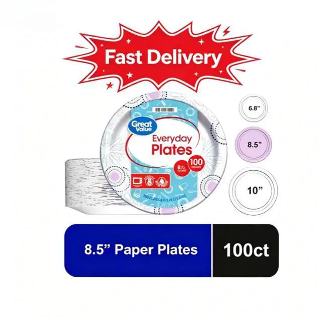 Main image of Great Value 8.5 Inch Disposable Paper Plates, 100 Count, Soak-Proof and Microwave Safe