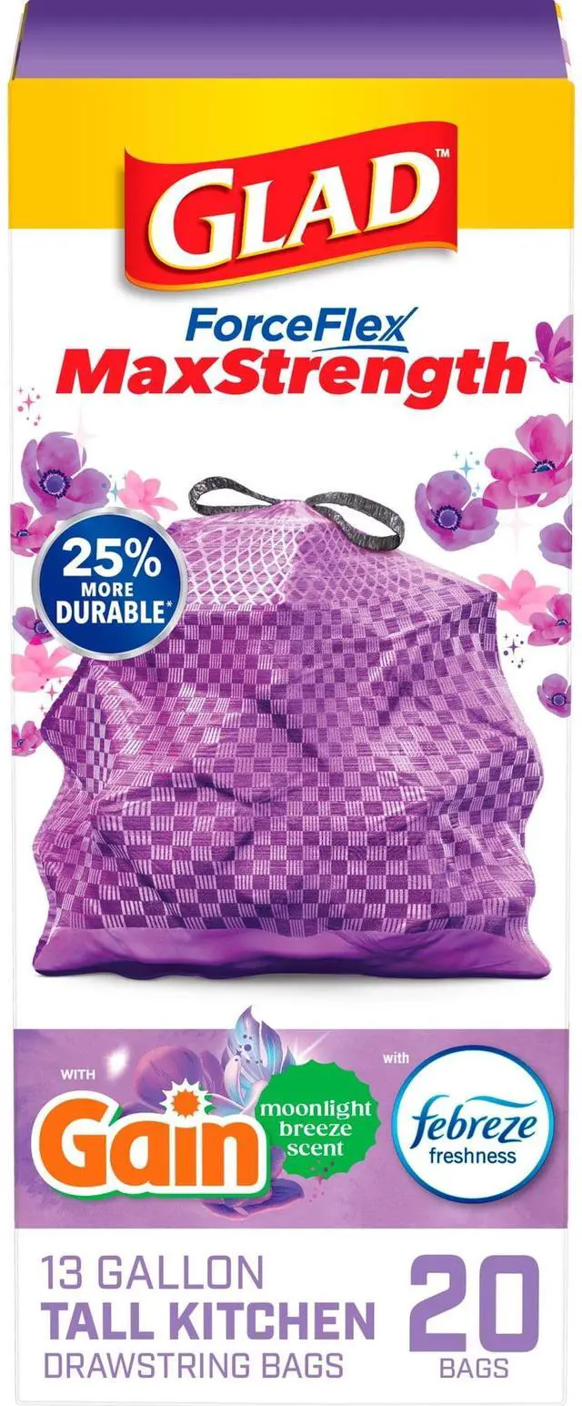 Main image of Glad ForceFlex MaxStrength 13-Gallon Purple Drawstring Tall Kitchen Bags, Gain Moonlight Breeze Scent, 20 Bags