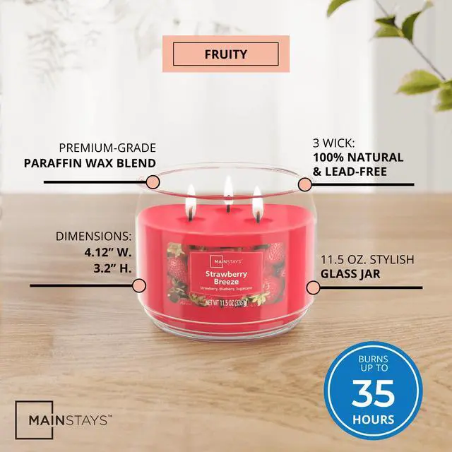 Alt view image 7 of 7 - Mainstays 3-Wick Scented Glass Jar Candle, Strawberry Breeze, 11.5 oz