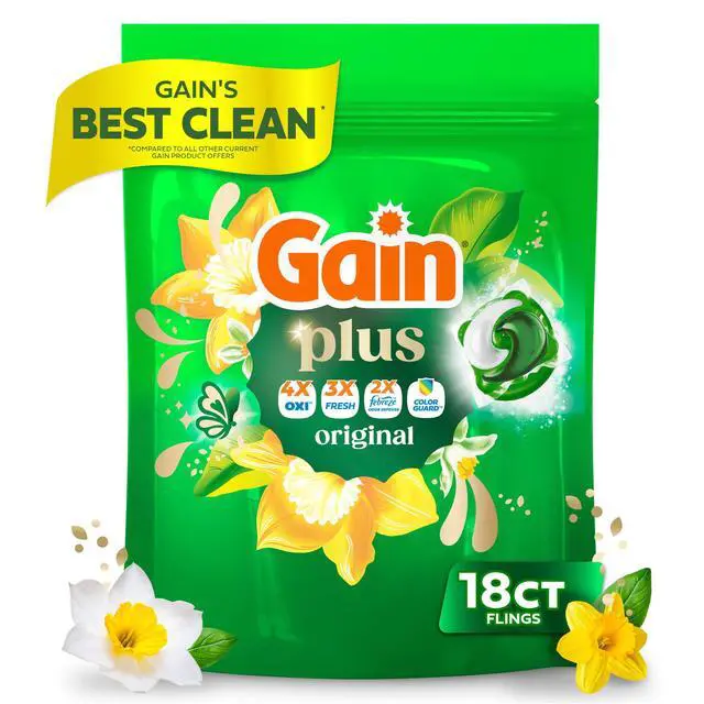Alt view image 7 of 7 - Gain Plus Flings Laundry Detergent Liquid Washing Pacs, Gain's Best All-In-One Clean, Original Scent, 18 Count