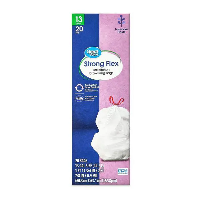 Alt view image 2 of 7 - Great Value Strong Flex 13-Gallon Drawstring Tall Kitchen Trash Bags, Lavender Fields Scent, 20 Bags