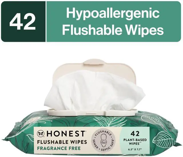 Main image of The Honest Company Flushable Wipes for Adults, Fragrance Free and Hypoallergenic Wet Wipes, Tropical Leaves, 42 Count