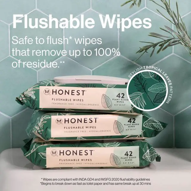 Alt view image 2 of 6 - The Honest Company Flushable Wipes for Adults, Fragrance Free and Hypoallergenic Wet Wipes, Tropical Leaves, 42 Count