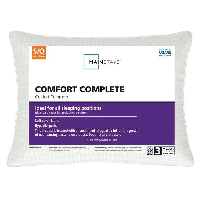 Alt view image 5 of 7 - (2 pack) Mainstays Comfort Complete Bed Pillow, Standard/Queen, White- All Positions Antimicrobial