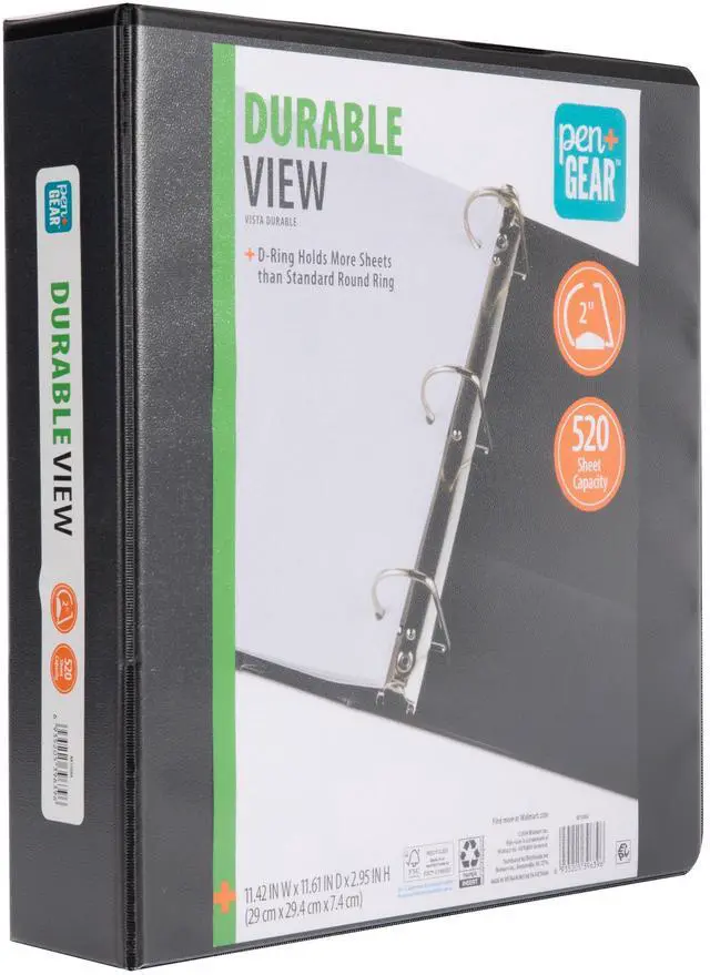 Main image of Pen+Gear 3-Ring Durable View Binder, 2" D-Rings, Black,1 Count