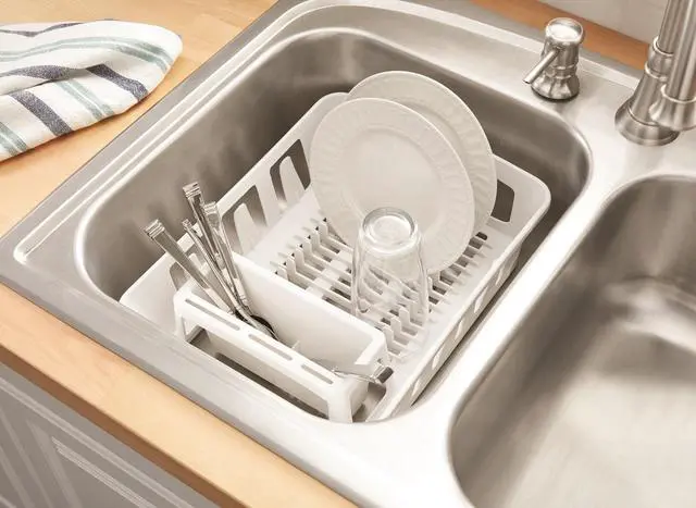 Alt view image 4 of 5 - Mainstays Expandable Kitchen Dish Drying Rack with Utensil Holder, Countertop Dish Drainer Rack for Plates, Cups and Kitchen Sink Organization, White