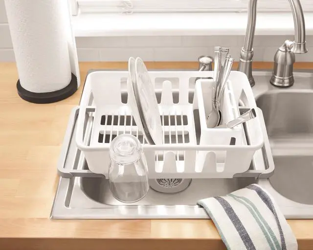 Alt view image 5 of 5 - Mainstays Expandable Kitchen Dish Drying Rack with Utensil Holder, Countertop Dish Drainer Rack for Plates, Cups and Kitchen Sink Organization, White