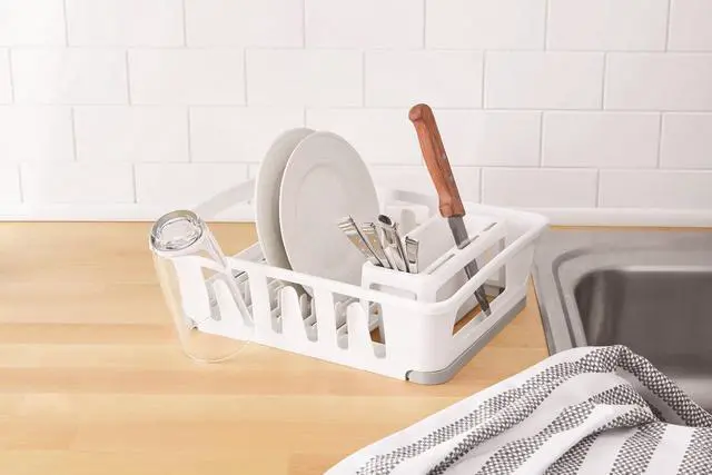 Alt view image 2 of 5 - Mainstays Expandable Kitchen Dish Drying Rack with Utensil Holder, Countertop Dish Drainer Rack for Plates, Cups and Kitchen Sink Organization, White