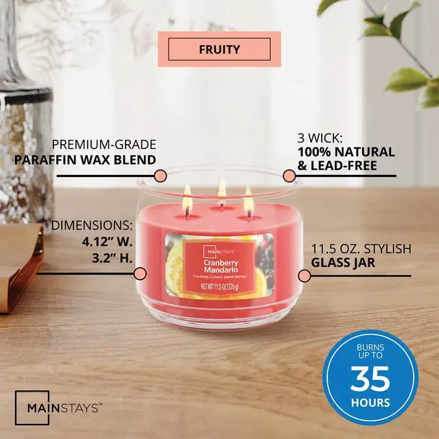 Alt view image 3 of 5 - (2 pack) Mainstays 3-Wick Scented Glass Jar Candle, Cranberry Mandarin, 11.5 oz
