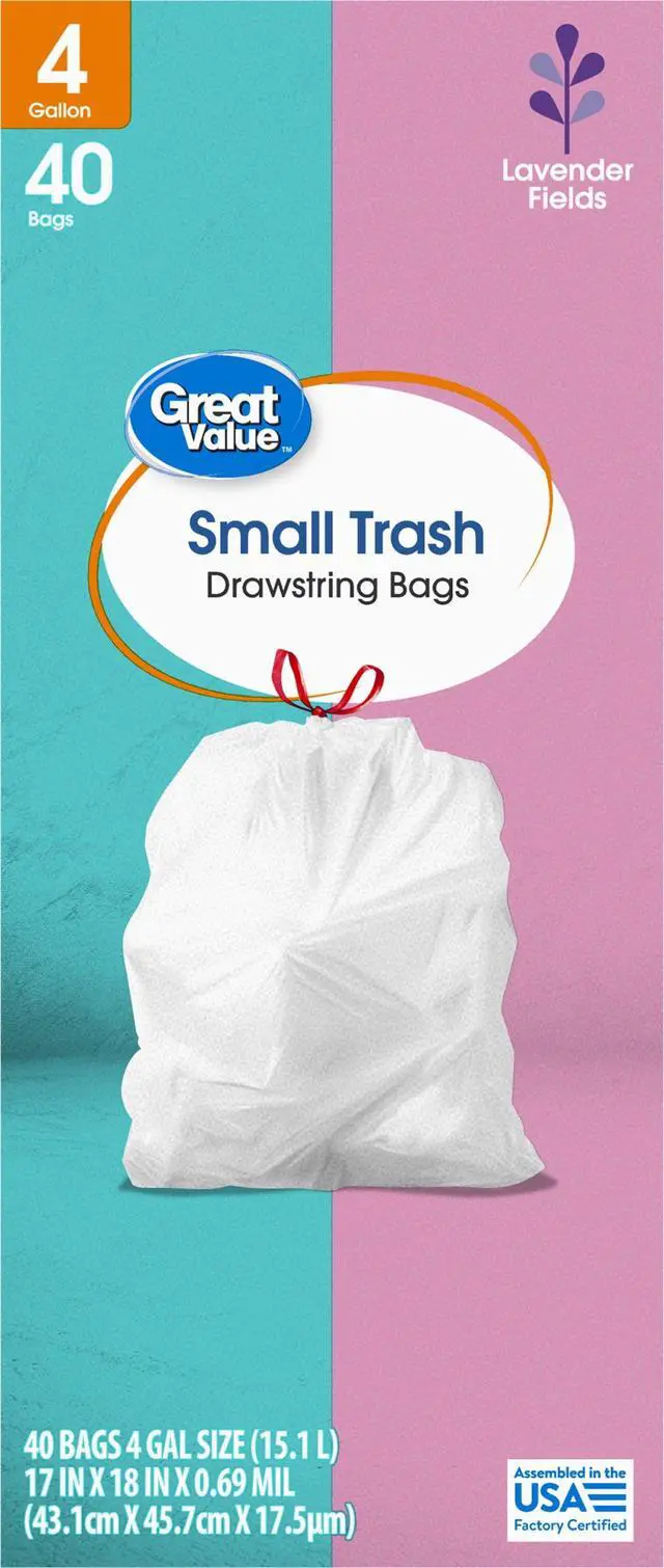 Alt view image 5 of 5 - Great Value Drawstring Trash Bags, 4 gal, White, Lavender Fields, 40 Bags