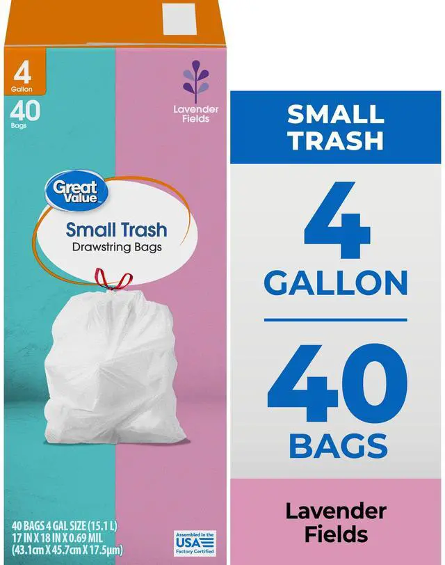 Main image of Great Value Drawstring Trash Bags, 4 gal, White, Lavender Fields, 40 Bags
