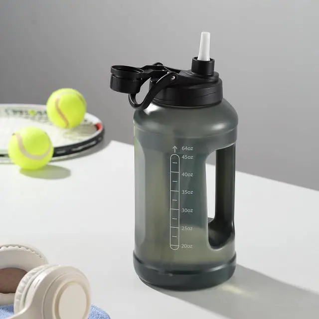Alt view image 3 of 6 - Mainstays Water Bottle, 64 fl oz, Translucent Black, 2-in-1 Straw/Chug Lid, Plastic