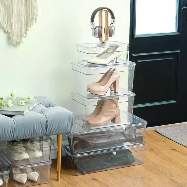 Alt view image 6 of 6 - Mainstays Clear Glossy Plastic Extra Wide Closet Storage Shoe Organizer Shoe Box with Lid for Shoe Storage