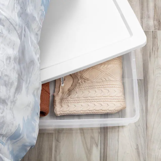 Alt view image 7 of 7 - Sterilite 41 Quart Medium Storage Bin, Clear Plastic Underbed Storage Container with Snap-On Lid, White