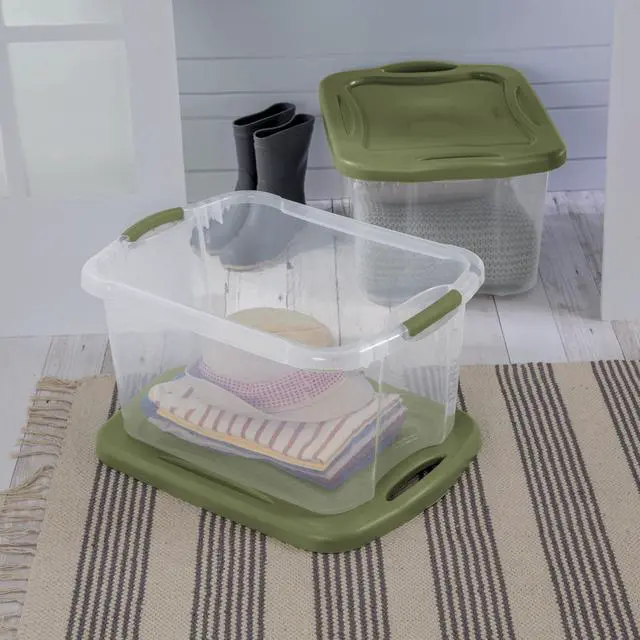 Alt view image 5 of 7 - Sterilite EZ Carry 40 Quart Medium Storage Bin, Clear Plastic Storage Container with Full-Grip Handles, Green
