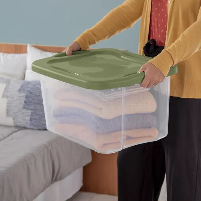 Alt view image 2 of 7 - Sterilite EZ Carry 40 Quart Medium Storage Bin, Clear Plastic Storage Container with Full-Grip Handles, Green