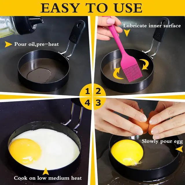 Alt view image 5 of 5 - 3.5'' Egg Rings with Silicone Handle, Stainless Steel Egg Cooking Rings,Nonstick,For Frying Eggs and English Muffins Pancake, Egg Mold Shaper For Breakfast