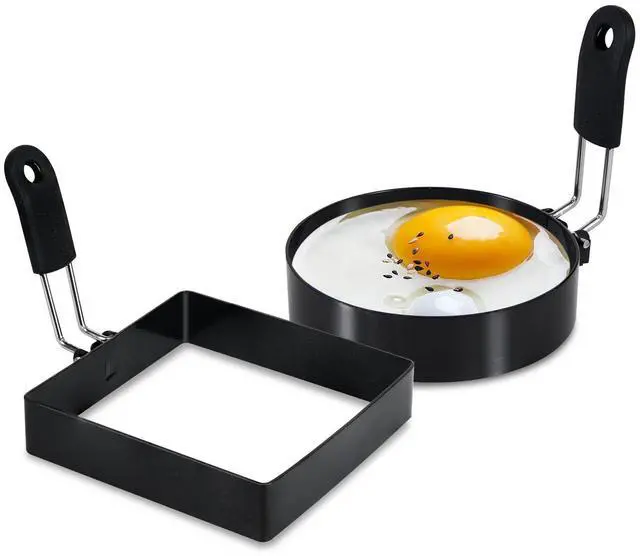 Main image of 2-Pack Round+Square Stainless Steel Egg Rings with Silicone Handle, Nonstick, for Frying Eggs, English Muffins, Pancake, Egg Mold Shaper for Breakfast
