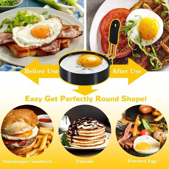 Alt view image 3 of 5 - 2-Pack Round+Square Stainless Steel Egg Rings with Silicone Handle, Nonstick, for Frying Eggs, English Muffins, Pancake, Egg Mold Shaper for Breakfast