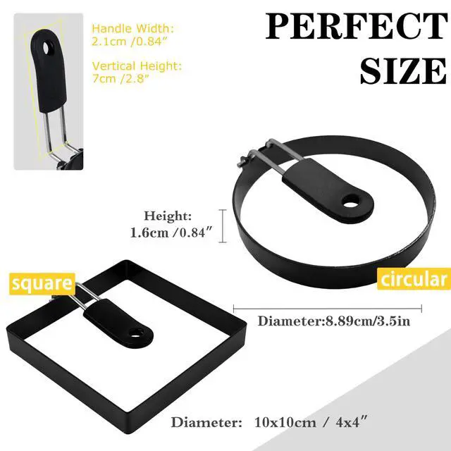 Alt view image 4 of 5 - 2-Pack Round+Square Stainless Steel Egg Rings with Silicone Handle, Nonstick, for Frying Eggs, English Muffins, Pancake, Egg Mold Shaper for Breakfast