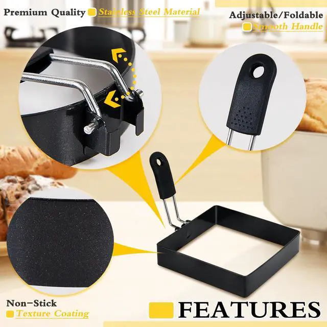 Alt view image 3 of 6 - 2-Pack 4-Inch Square Stainless Steel Egg Rings with Silicone Handle, Nonstick, for Frying Eggs, English Muffins, and Pancake, Egg Mold Shaper