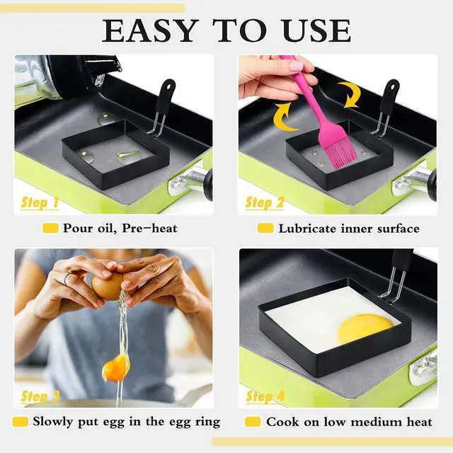 Alt view image 4 of 6 - 2-Pack 4-Inch Square Stainless Steel Egg Rings with Silicone Handle, Nonstick, for Frying Eggs, English Muffins, and Pancake, Egg Mold Shaper