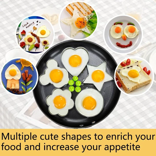 Alt view image 5 of 7 - Stainless Steel Egg Ring Molds 5-Pack, Heart, Flower, Star, Micha, Round Pancake Mold Set, Yellow