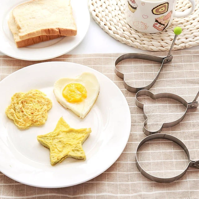 Alt view image 7 of 7 - Stainless Steel Egg Ring Molds 5-Pack, Heart, Flower, Star, Micha, Round Pancake Mold Set, Yellow