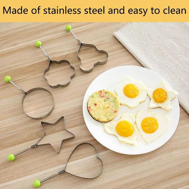 Alt view image 4 of 7 - Stainless Steel Egg Ring Molds 5-Pack, Heart, Flower, Star, Micha, Round Pancake Mold Set, Yellow